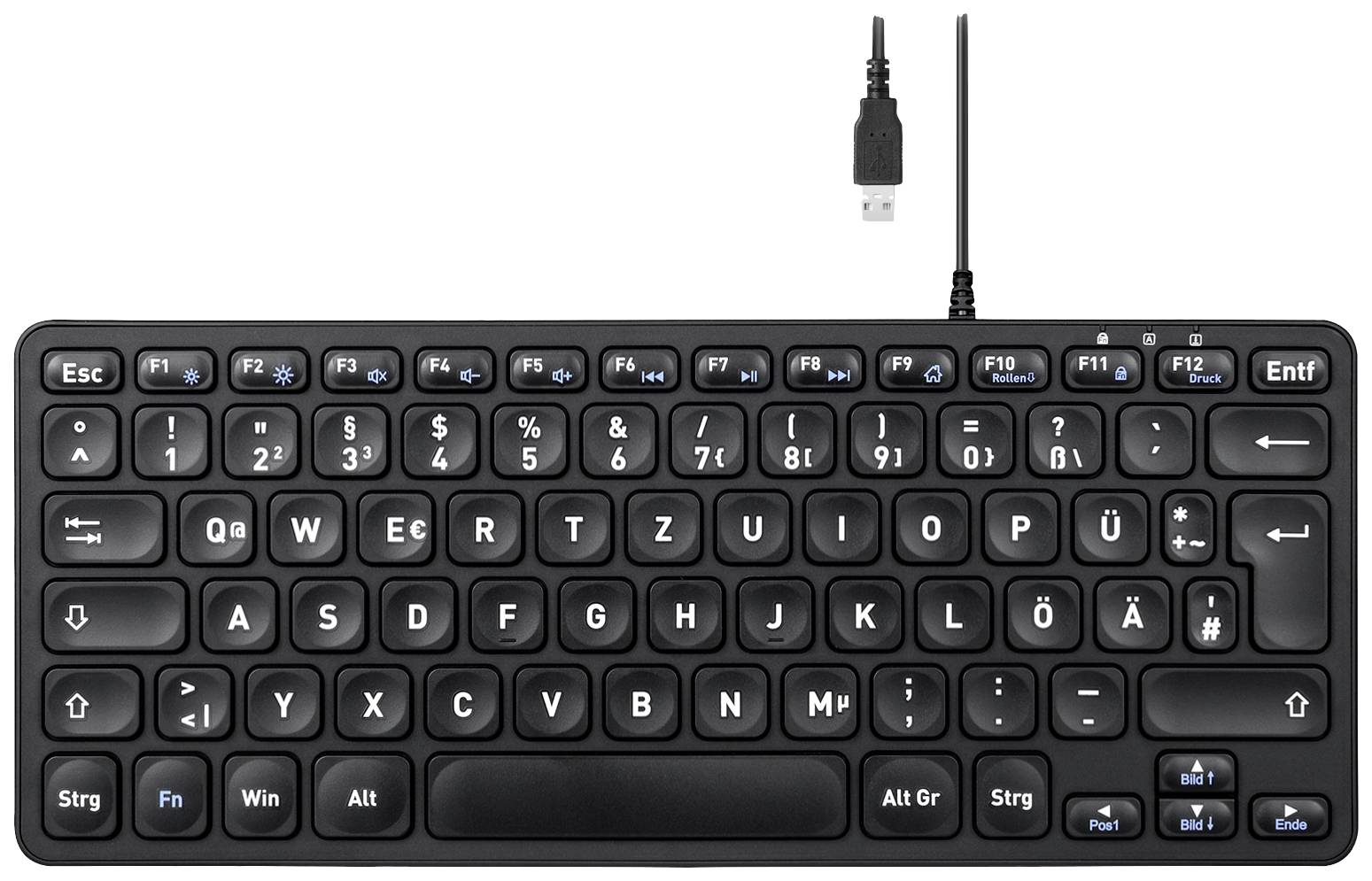 Clavier USB compact allemand sans pavé numérique. Design noir avec des touches de fonction bleues. Parfait pour les espaces de travail restreints.