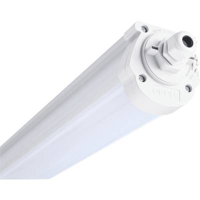 Une longue lumière LED cylindrique dans un boîtier blanc, représente probablement un modèle étanche destiné à l'éclairage.
