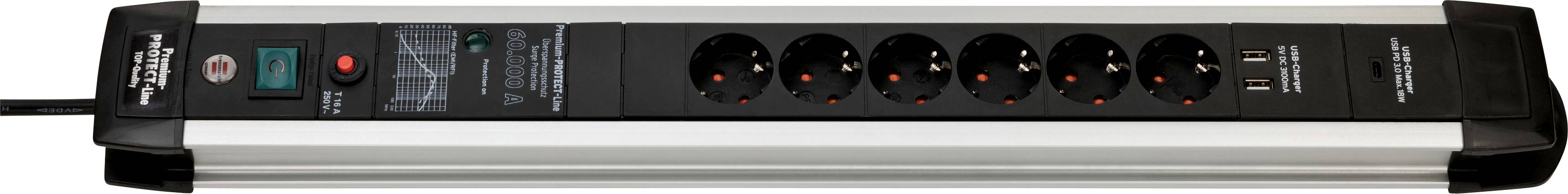 Multiprise avec parafoudre Brennenstuhl 1391000547 x6 noir,argent contact de protection 1 pc(s)