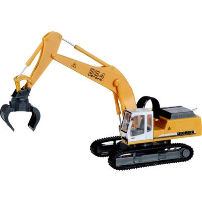 Un excavateur jaune-orange avec pince de préhension sur chenilles. Modèle 'Liebherr 954'. Version jouet avec les détails de l'original.