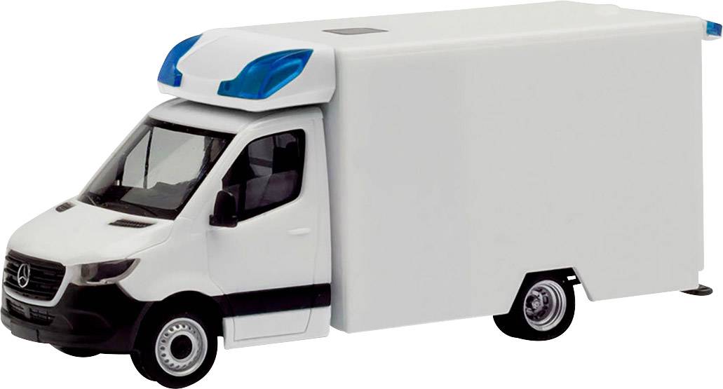 Un modèle blanc d'un fourgon avec des touches bleues sur le toit, représenté sur un fond neutre.