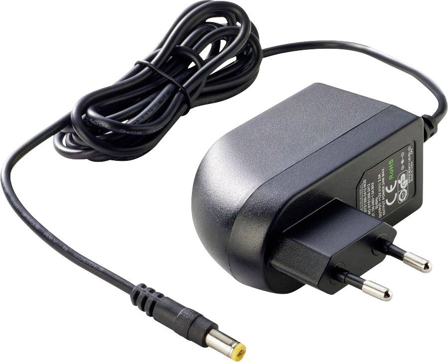 Un adaptateur secteur noir avec une fiche européenne et un long câble. Il possède une extrémité d'embout creux jaune et est utilisé pour les appareils électroniques.
