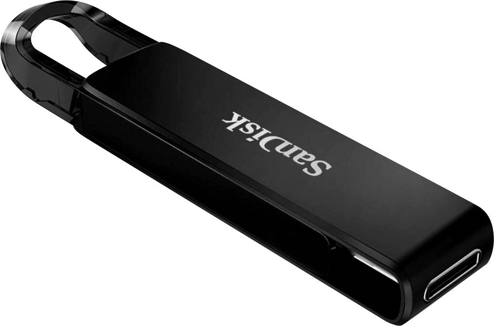 Une clé USB noire portant l'inscription « SanDisk ».