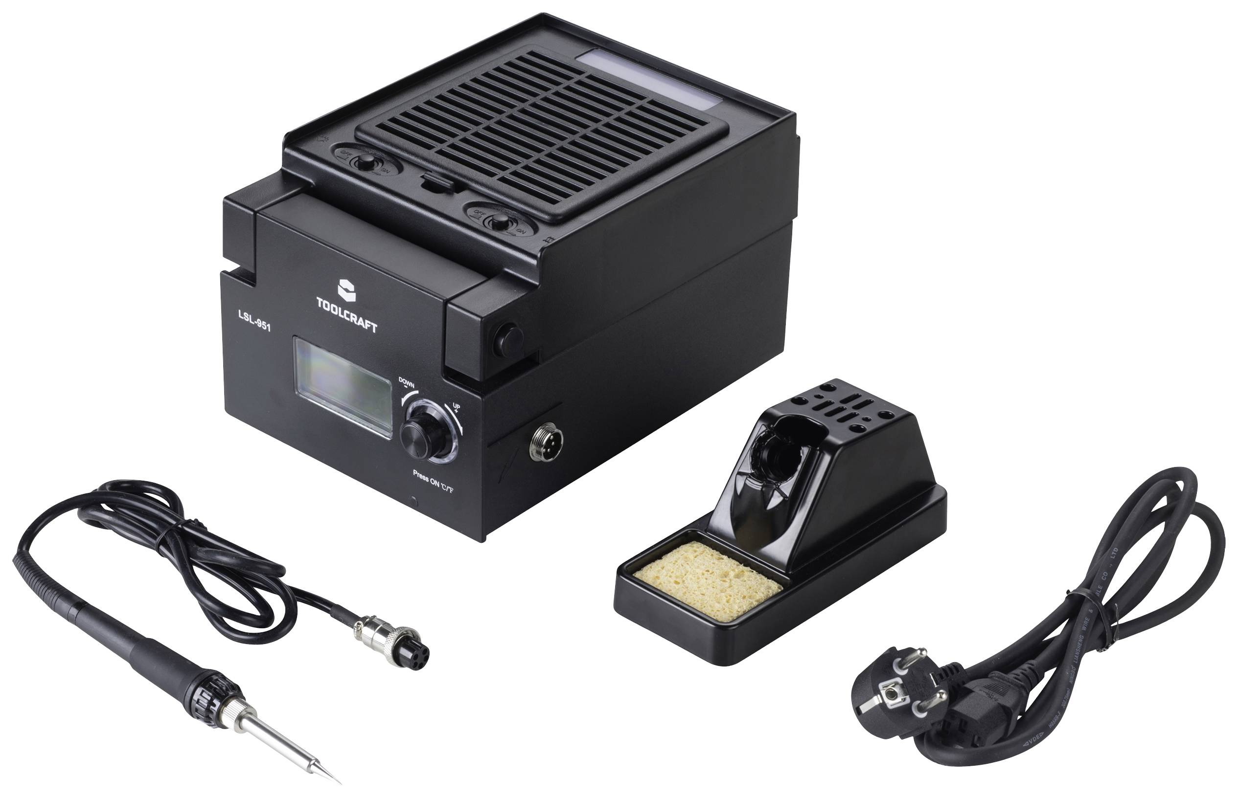 Station de soudage comprenant une unité principale avec affichage, fer à souder, support avec éponge et câble secteur.