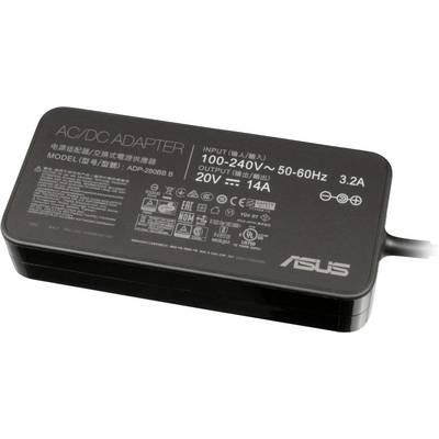 Image d'un adaptateur AC/DC noir portant l'inscription 'ASUS'. Montre une tension d'entrée de 100-240V et une sortie de 20V, 14A, modèle ADP-280BB.