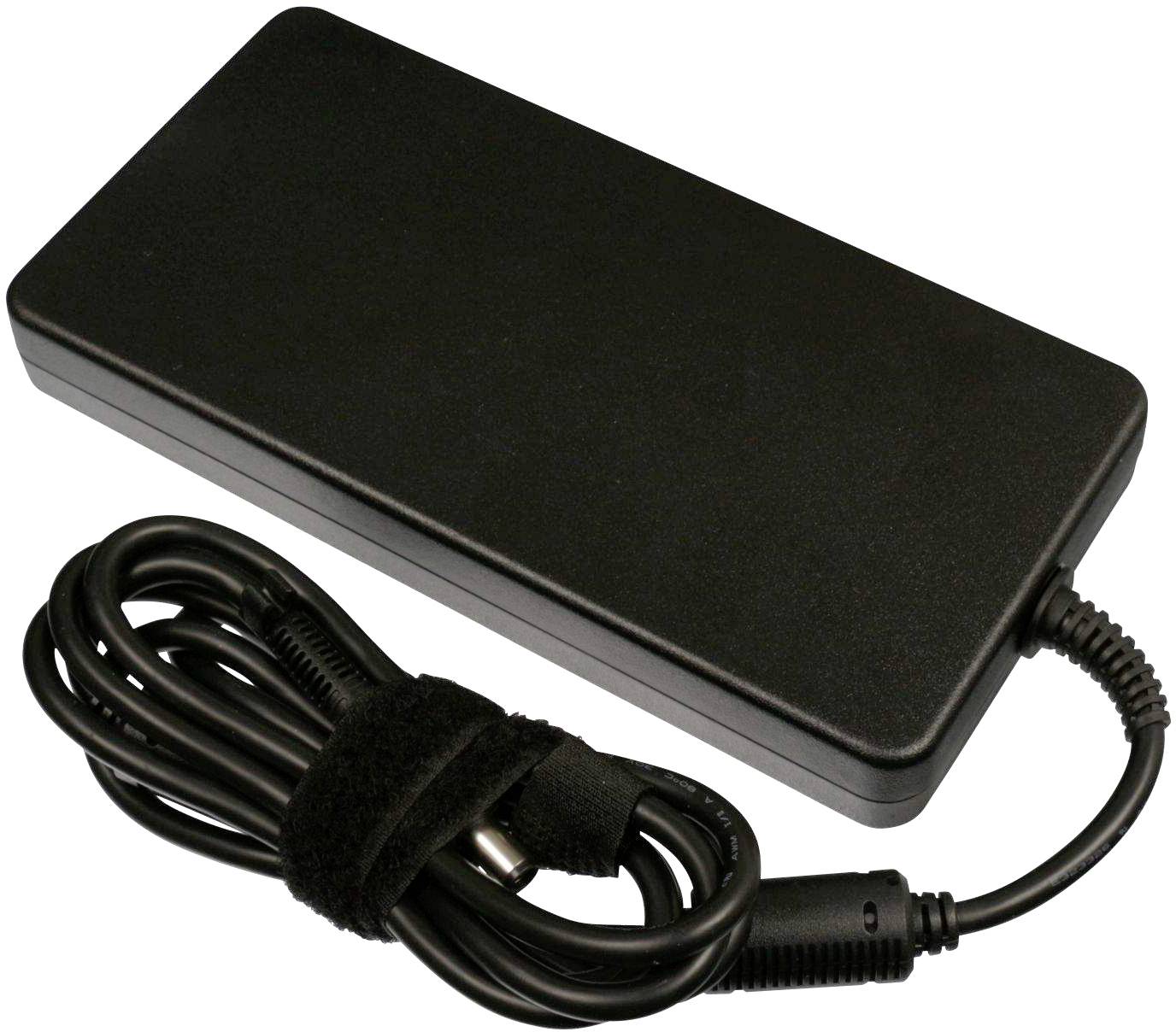 Un chargeur d'ordinateur portable noir avec un câble enroulé, conçu pour se connecter à un appareil électronique.