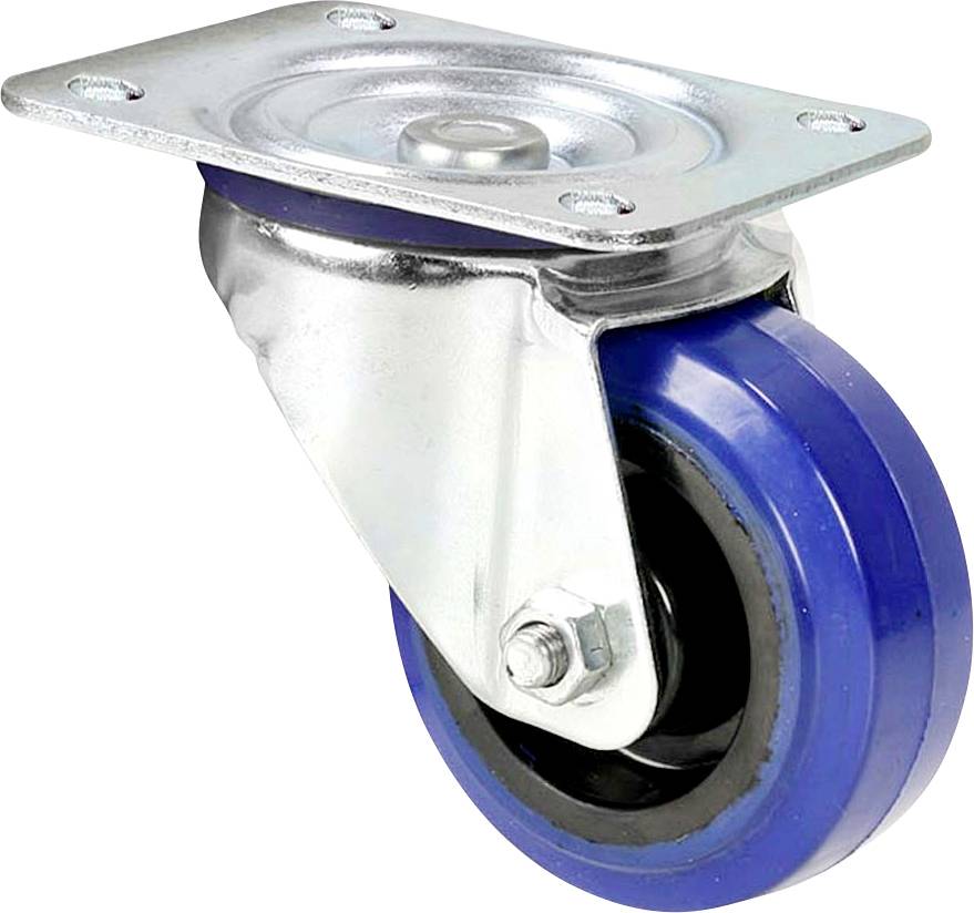 Roulette en métal avec roue bleue et articulation pivotante. Adaptée pour meubles ou appareils nécessitant une fixation à roulettes.