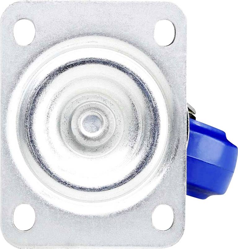 Roue de patin de meuble métallique avec roulette en plastique bleu, visible de dessus. Adaptée pour déplacer facilement des meubles.