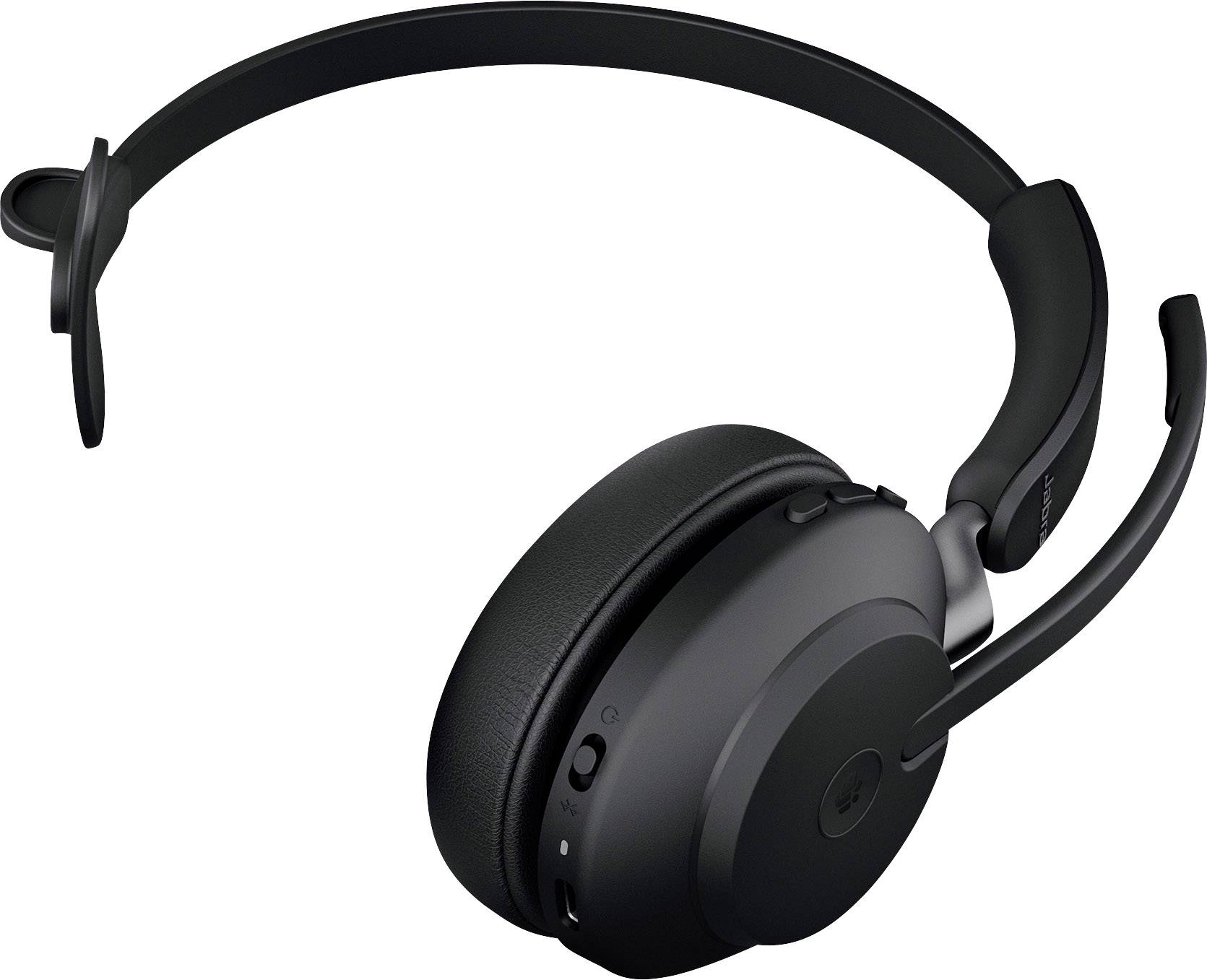 Un casque noir sans fil avec un bras de microphone ajustable et des écouteurs rembourrés, adapté pour des appels téléphoniques confortables.