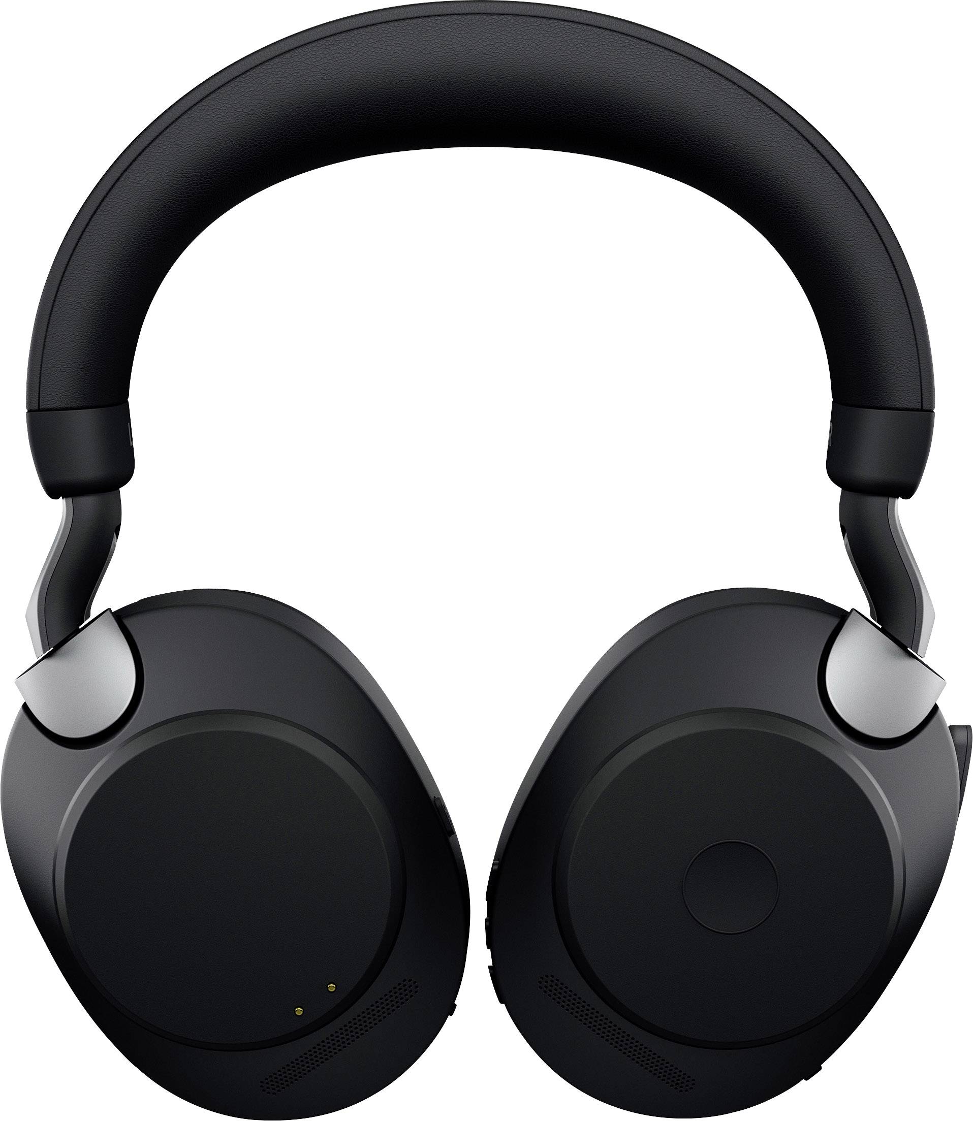 Casque noir sans fil, de type over-ear, avec arceau épais et rembourré et grands écouteurs circulaires. Design moderne et minimaliste.