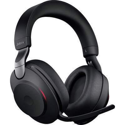 Casque audio noir Over-Ear avec perche micro relevée. L'inscription 'Jabra' est visible sur l'écouteur.