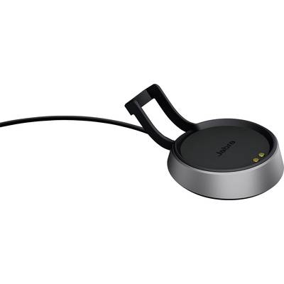 Un chargeur Jabra noir avec une base ronde et un câble, conçu pour charger sans fil des appareils compatibles.
