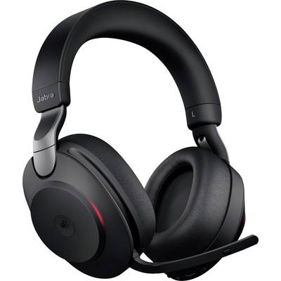 Casque Jabra noir avec perche microphone, porté sur l'oreille, illustrant la vue typique du design des écouteurs modernes.