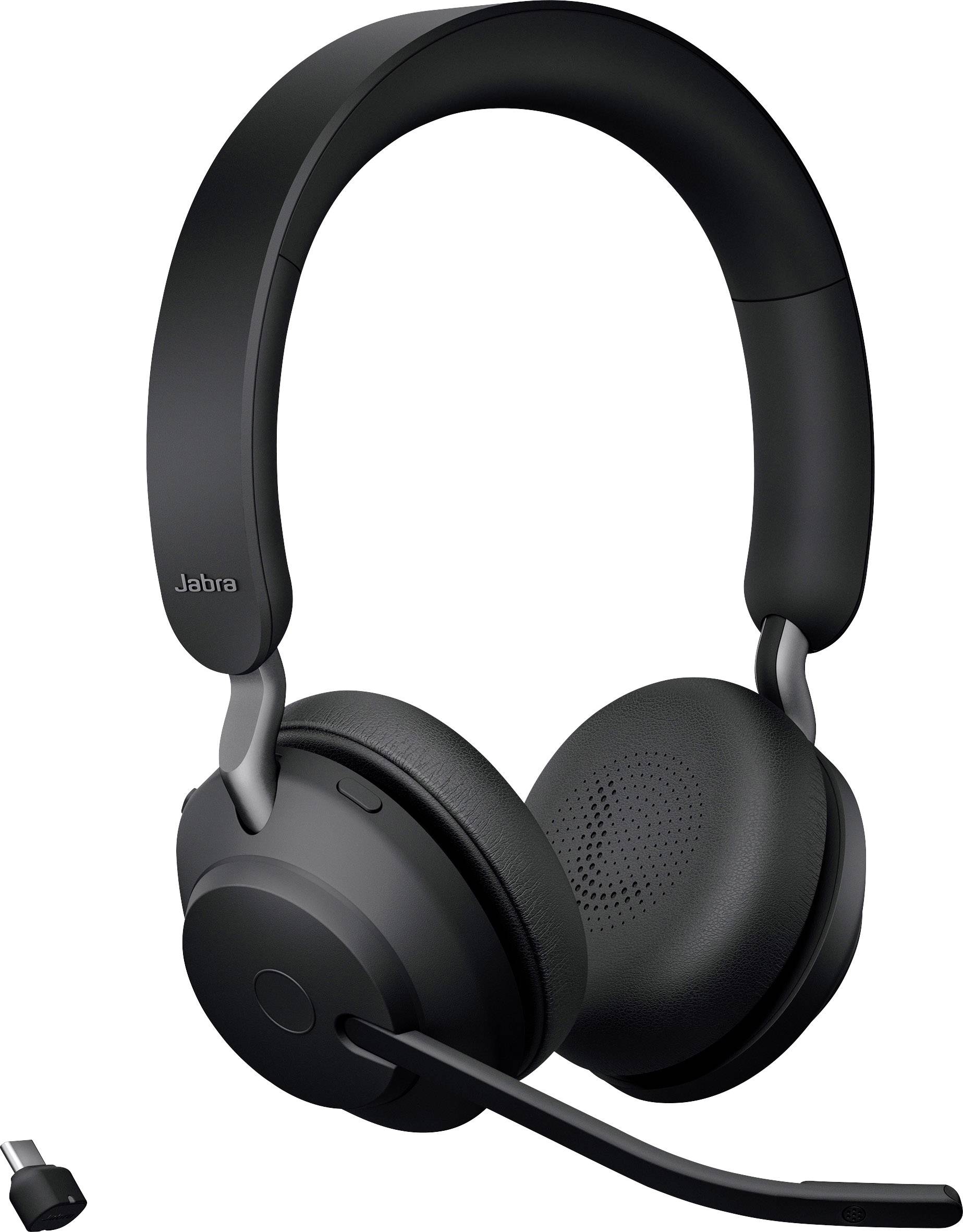 Casque noir Over-Ear avec bras micro et adaptateur USB, modèle 'Jabra'. Idéal pour les appels et la musique.