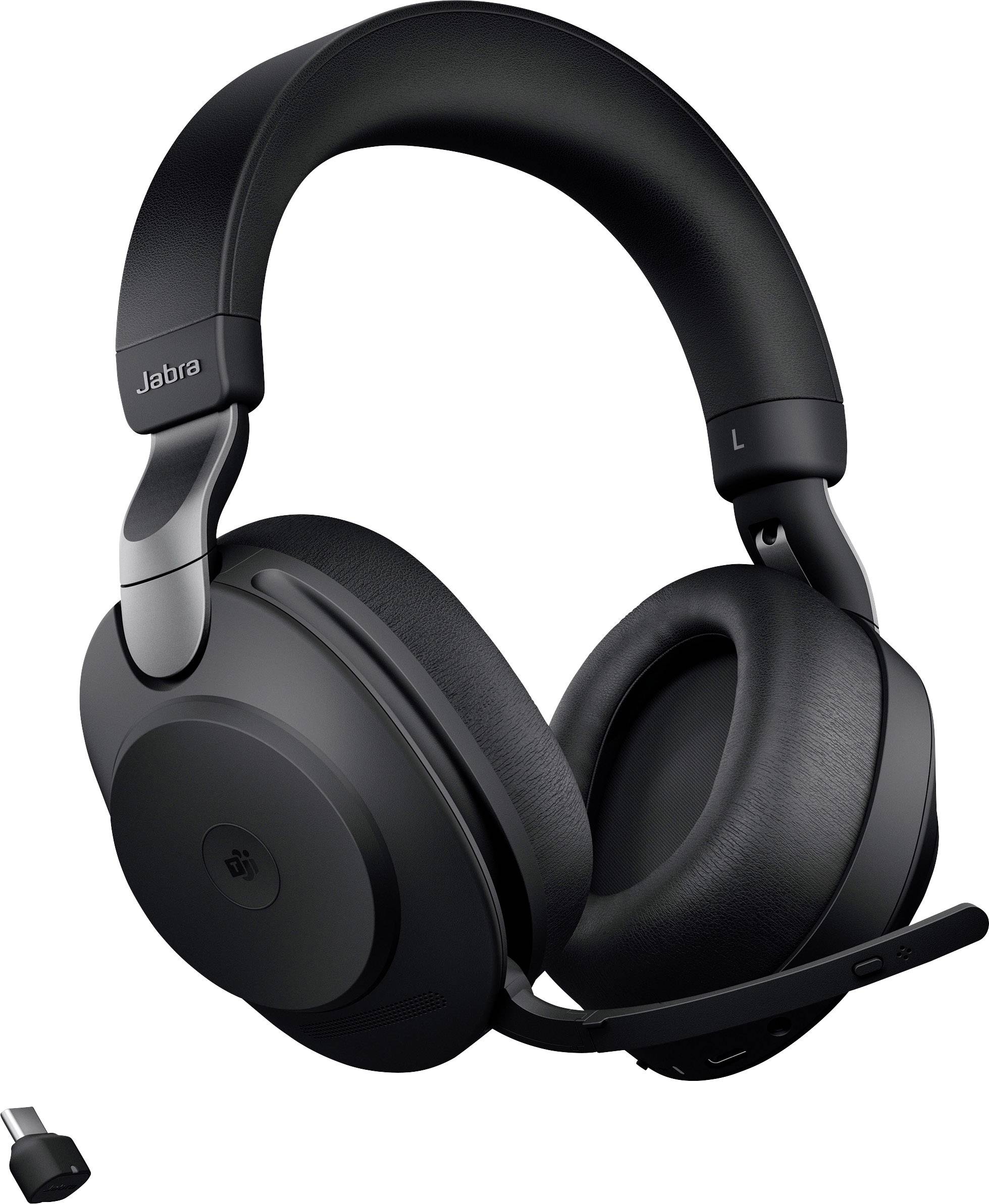 Casque sans fil noir avec microphone et dongle USB. Idéal pour des appels téléphoniques et des vidéoconférences confortables.