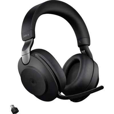 Casque sans fil noir avec microphone et dongle USB. Idéal pour des appels téléphoniques et des vidéoconférences confortables.