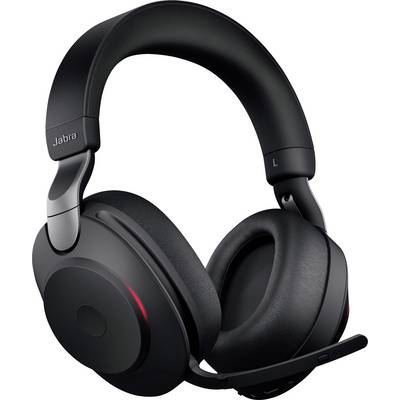 Casque audio noir avec écouteurs circumauraux, microphone intégré et lumière d'accentuation rouge visible, adapté aux téléconférences.