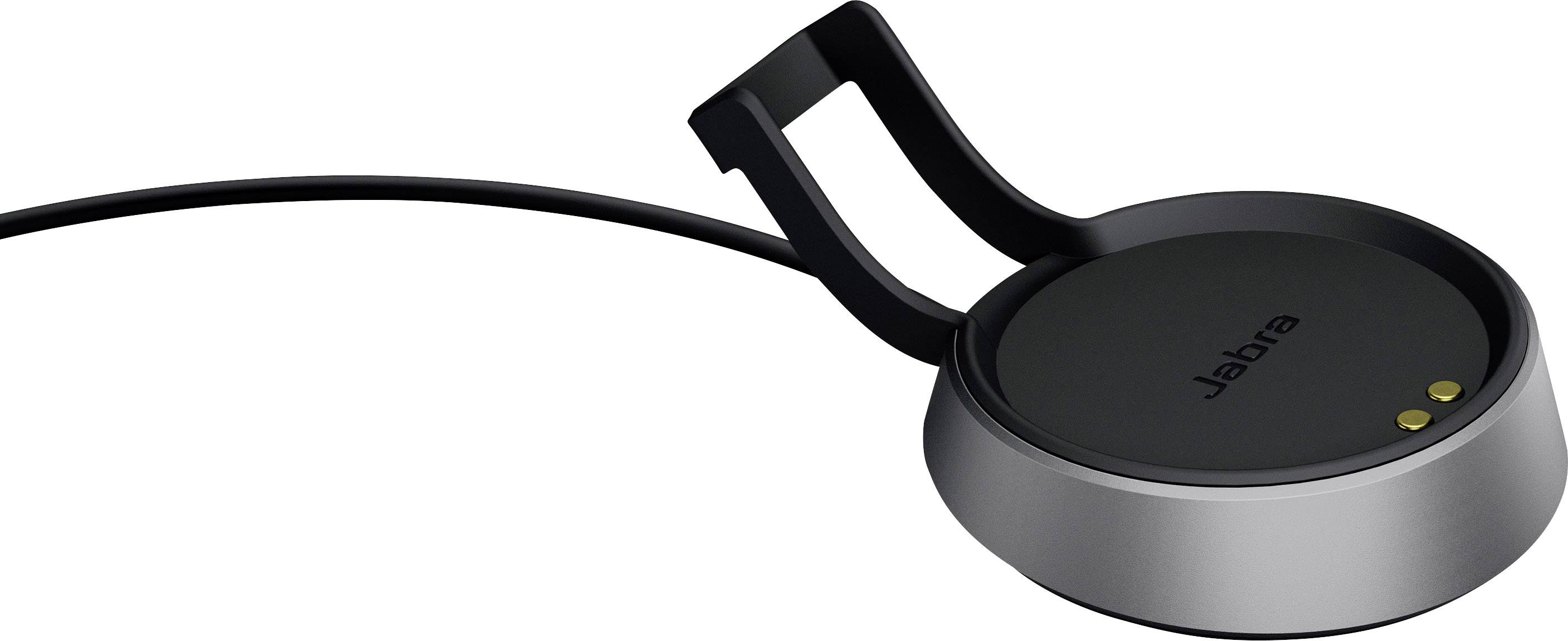 Un chargeur noir pour les appareils Jabra, doté d'un câble pour se connecter à une source d'alimentation. Le design est épuré et moderne.