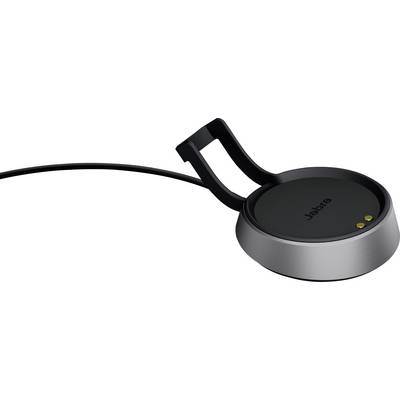 Un chargeur noir pour les appareils Jabra, doté d'un câble pour se connecter à une source d'alimentation. Le design est épuré et moderne.