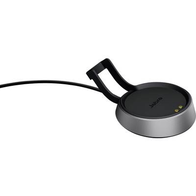 Chargeur noir, rond avec câble, portant la marque 'Jabra'. Conçu pour la recharge sans fil des appareils.