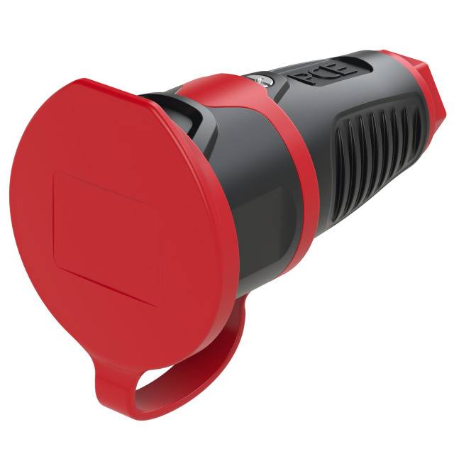 Une connexion électrique rouge et noire, conçue pour une utilisation industrielle. Elle dispose d'une poignée robuste et de capots de protection.