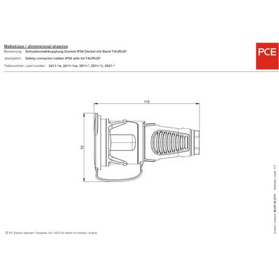 Dessin technique d'un couplage de protection avec boîtier en caoutchouc et couvercle, certifié IP54, d'une longueur de 112 mm.