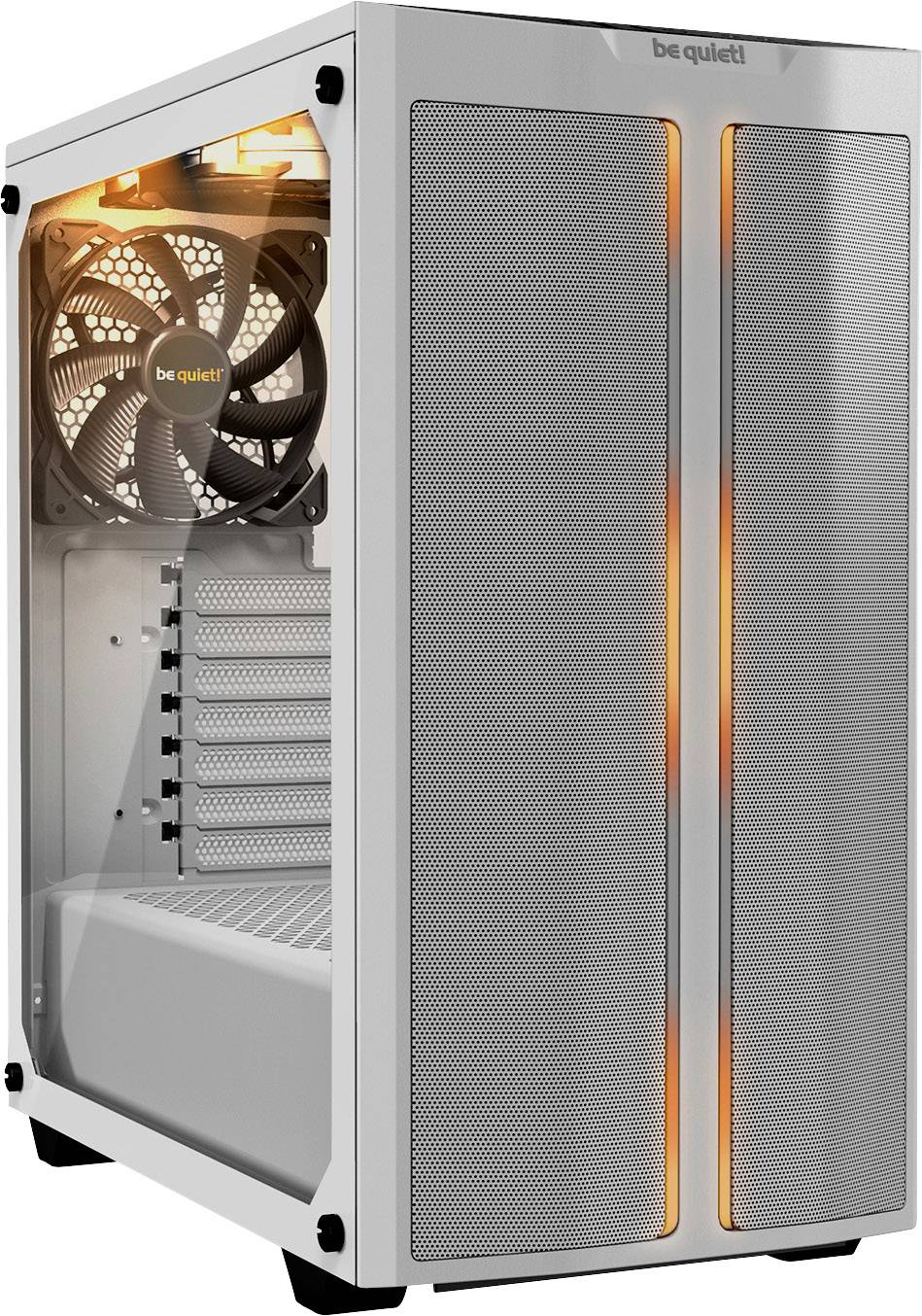 Boîtier d'ordinateur blanc avec fenêtre latérale et éclairage LED orange. Grands ventilateurs de refroidissement visibles pour une efficacité optimale.