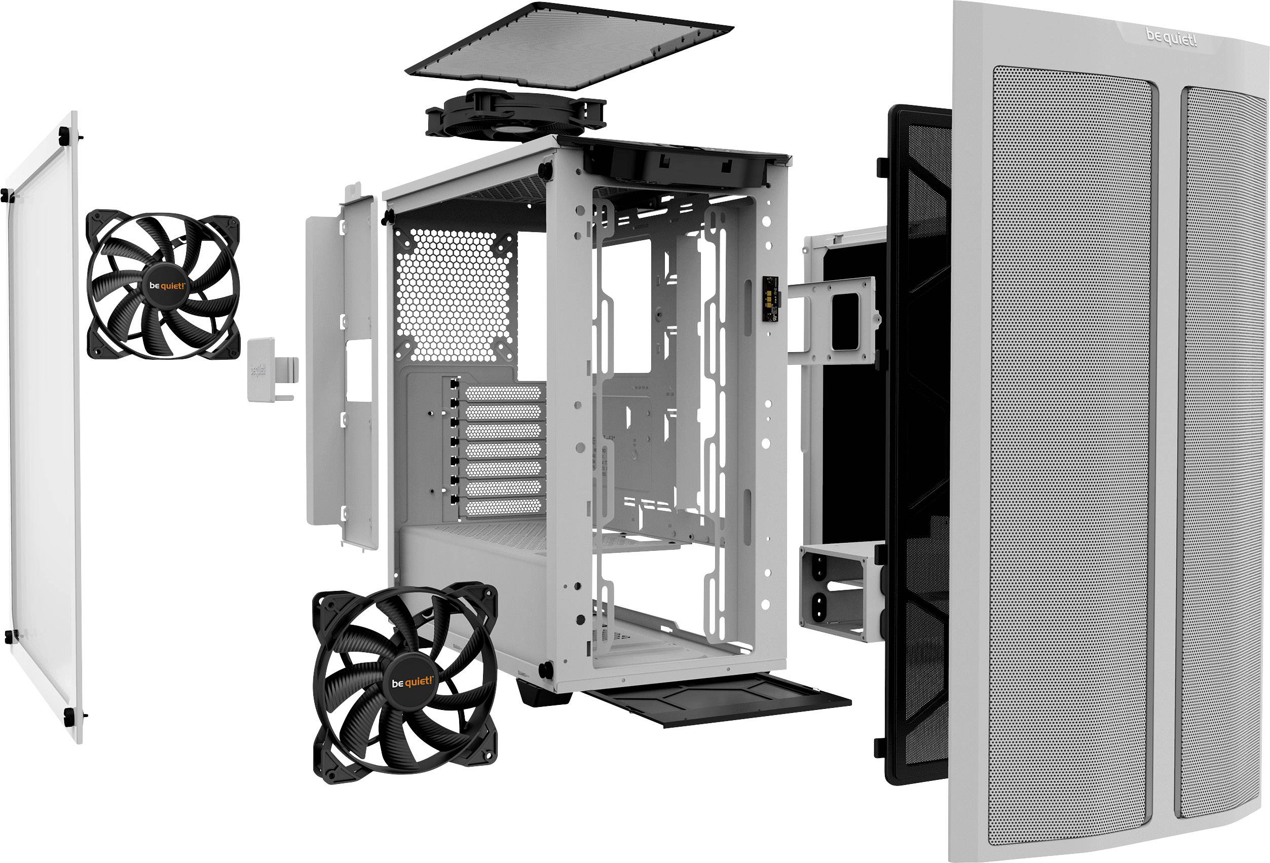 Vue éclatée d'un boîtier d'ordinateur avec des panneaux latéraux amovibles, des ventilateurs et un panneau avant. Illustre la modularité et la structure.