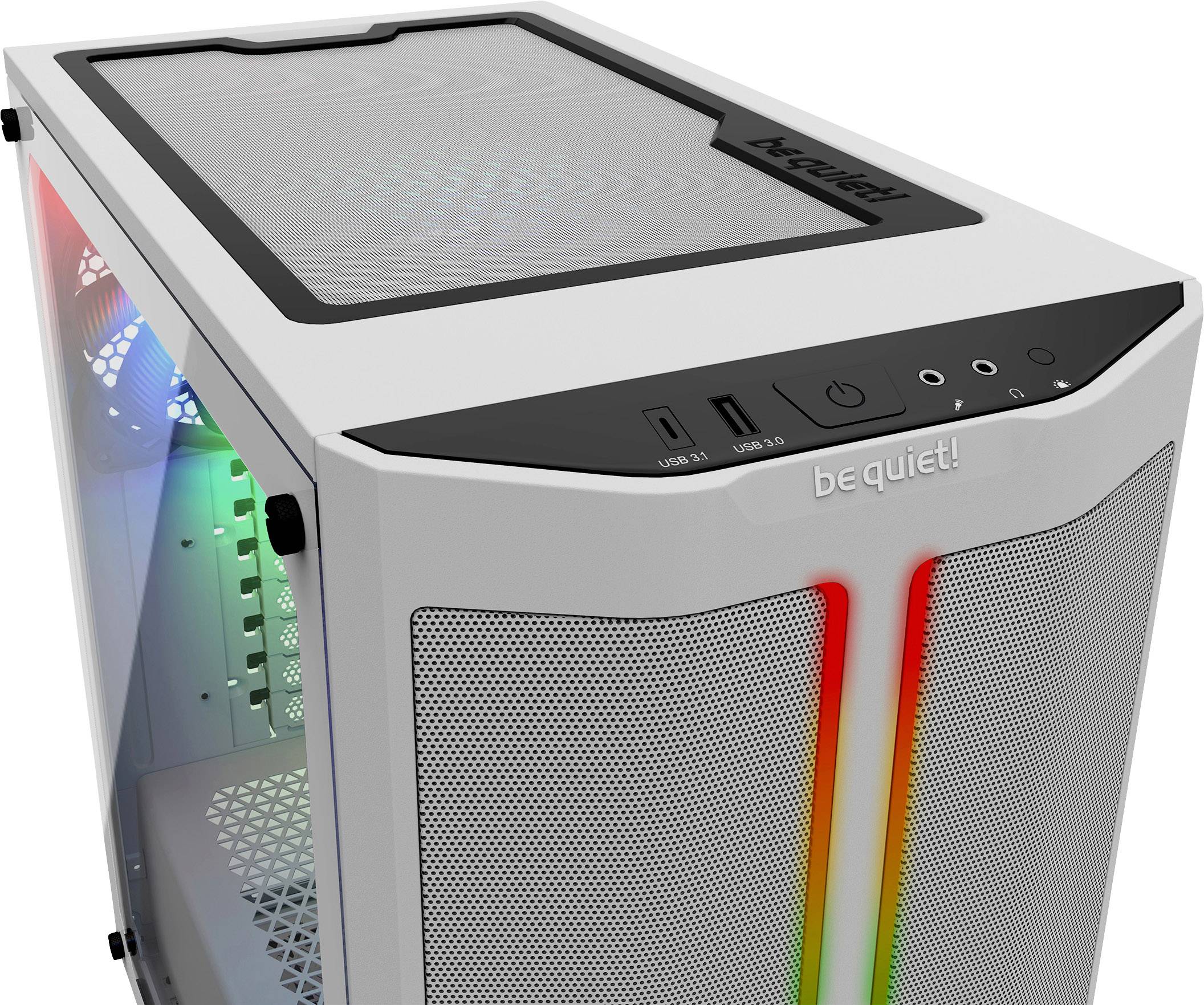 Boîtier d'ordinateur blanc de be quiet! avec des LED RVB visibles sur la façade et des ports sur le dessus.