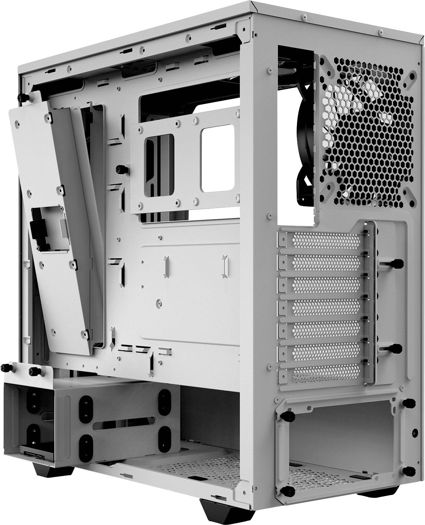 Boîtier PC ouvert en blanc avec supports de ventilateurs visibles, emplacements d'extension et options de gestion des câbles à l'intérieur.