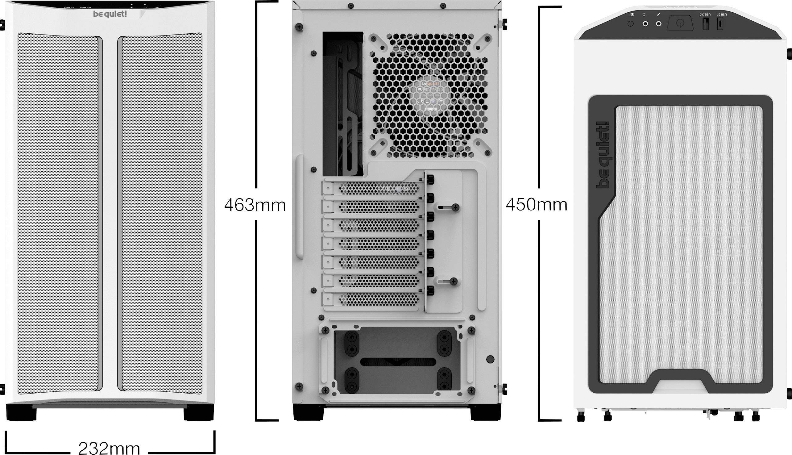 Boîtier d'ordinateur aux dimensions suivantes : largeur 232 mm, hauteur 463 mm, profondeur 450 mm. Vue de face, vue arrière avec ouverture de ventilation et vue latérale.