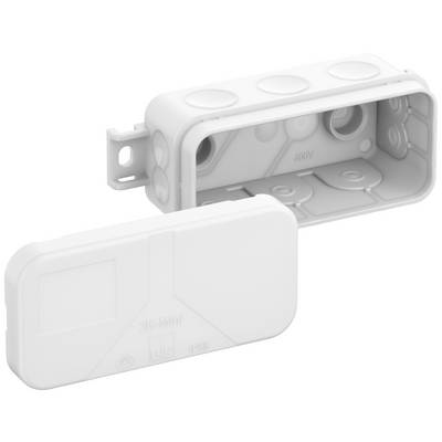 Boîte rectangulaire en plastique avec couvercle amovible, plusieurs ouvertures rondes pour les câbles. Adaptée aux installations électriques.