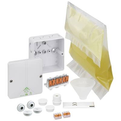 Kit d'installation électrique avec boîte de raccordement, connecteurs, joints et matériau d'étanchéité liquide. Adapté pour les connexions de câbles.