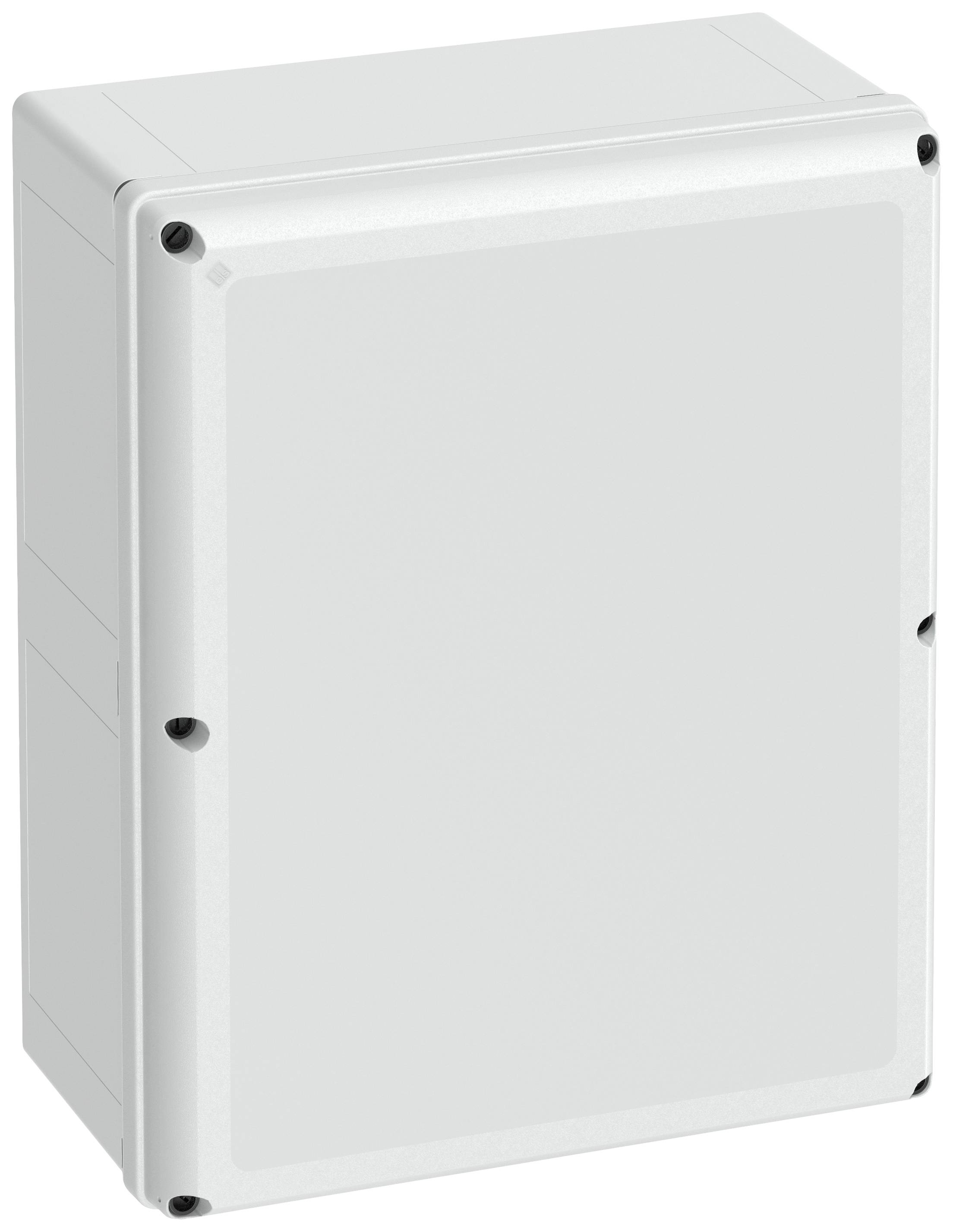 Un boîtier en plastique gris rectangulaire avec des vis aux coins. Il a une surface lisse et semble robuste.