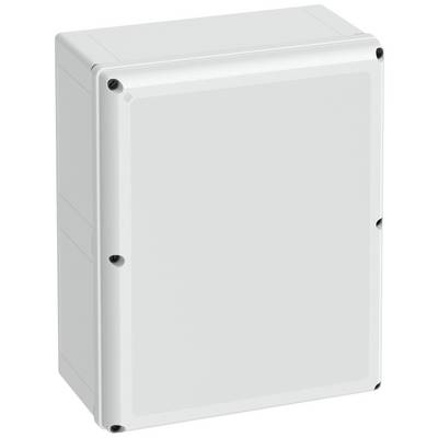 Un boîtier en plastique gris rectangulaire avec des vis aux coins. Il a une surface lisse et semble robuste.