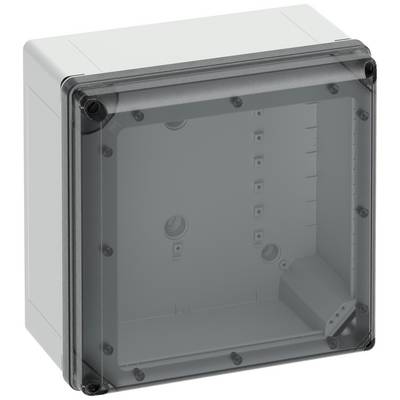 Boîtier gris, carré, avec un couvercle transparent, montrant des emplacements de fixation vides et un fond amovible.