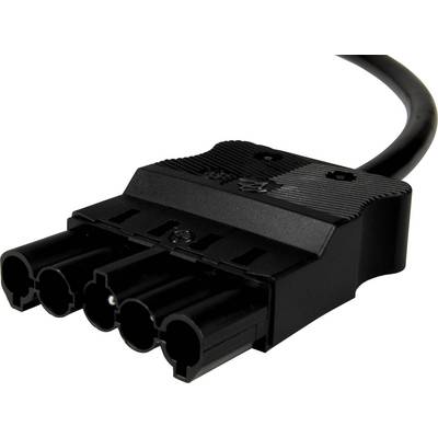 Multiprise noire à quatre prises rondes, faisant partie d'un câble pour connexions électroniques.