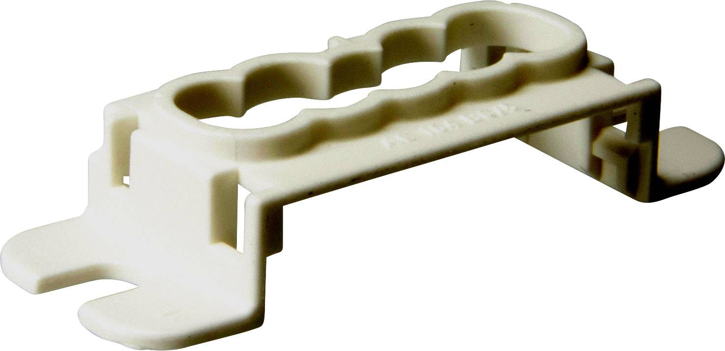 Un support en plastique blanc avec plusieurs découpes circulaires, probablement utilisé pour la fixation ou l'organisation de câbles.