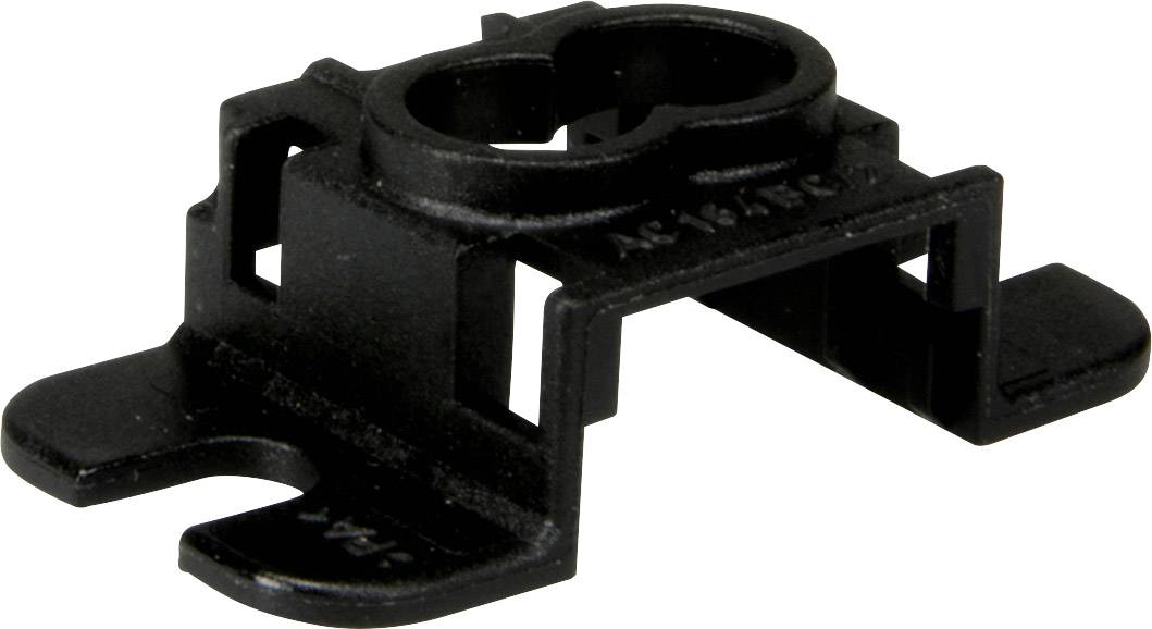 Pièce en plastique noir, rectangulaire avec des coins arrondis et plusieurs découpes. Utilisée pour la fixation de câbles ou de conduites.