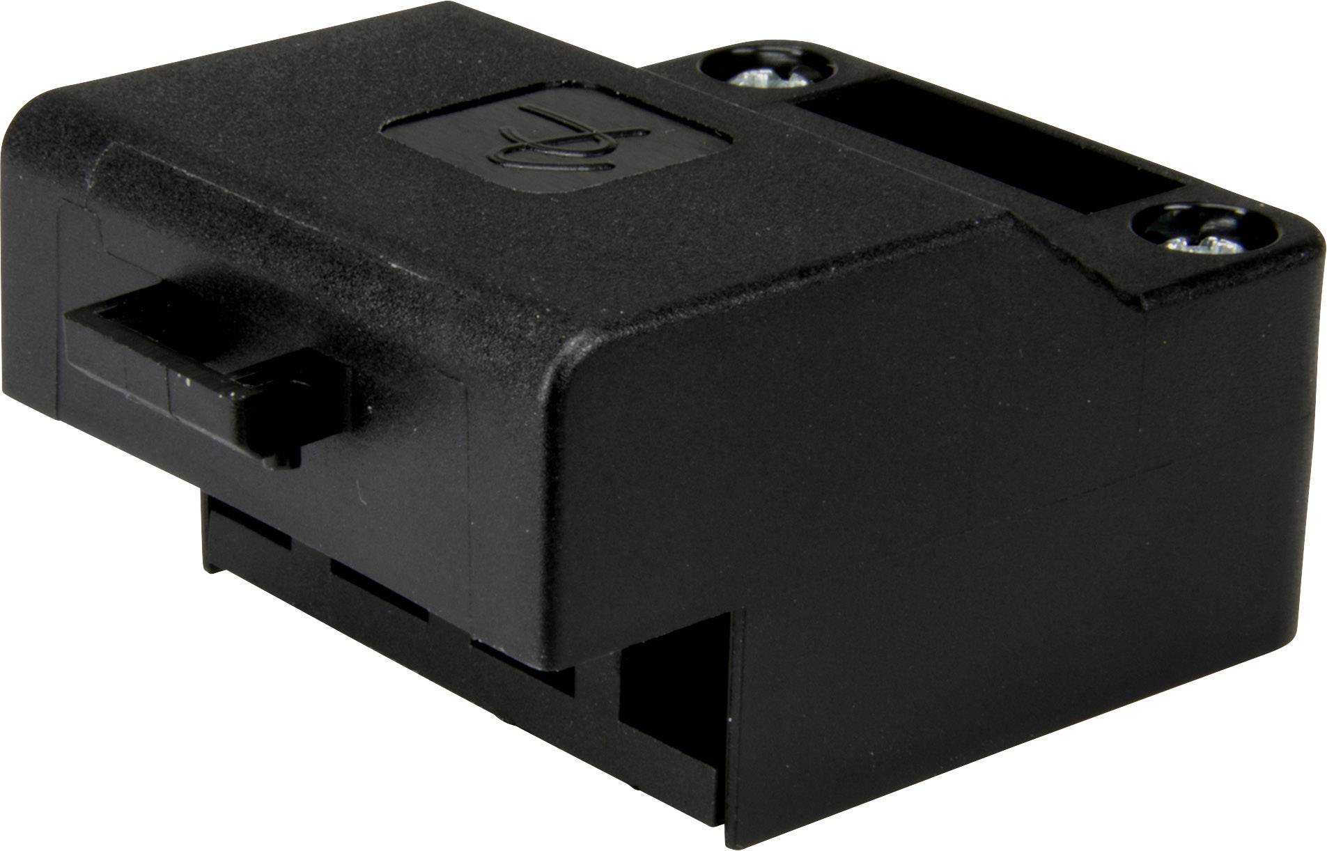 Boîtier en plastique noir rectangulaire avec deux trous de vis, contenant probablement des composants électroniques, sans connexions visibles.