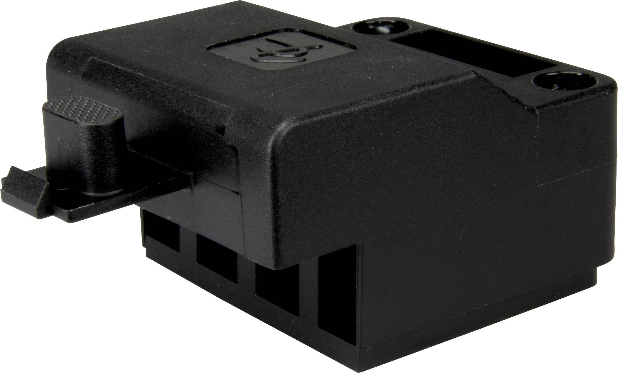 Boîtier en plastique noir avec interrupteur verrouillable, forme rectangulaire, trous de vis visibles pour un montage.