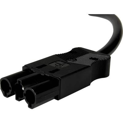 Câble de connexion réseau noir avec fiche rectangulaire et deux contacts ronds sur fond blanc.
