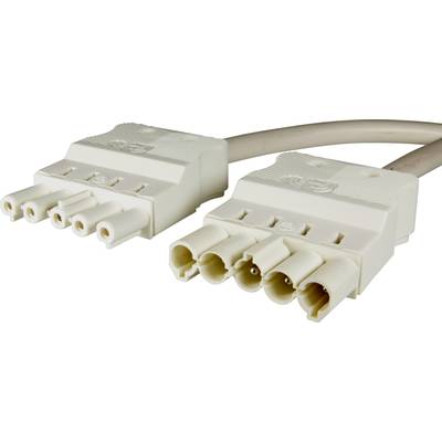 'Deux connecteurs électriques blancs à trois broches, reliés par un câble, sur un fond blanc.'