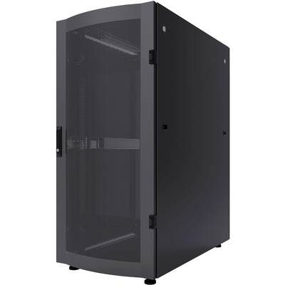 Armoire de serveur noir avec porte métallique et fentes de ventilation latérales, adaptée à l'installation dans un centre de données.