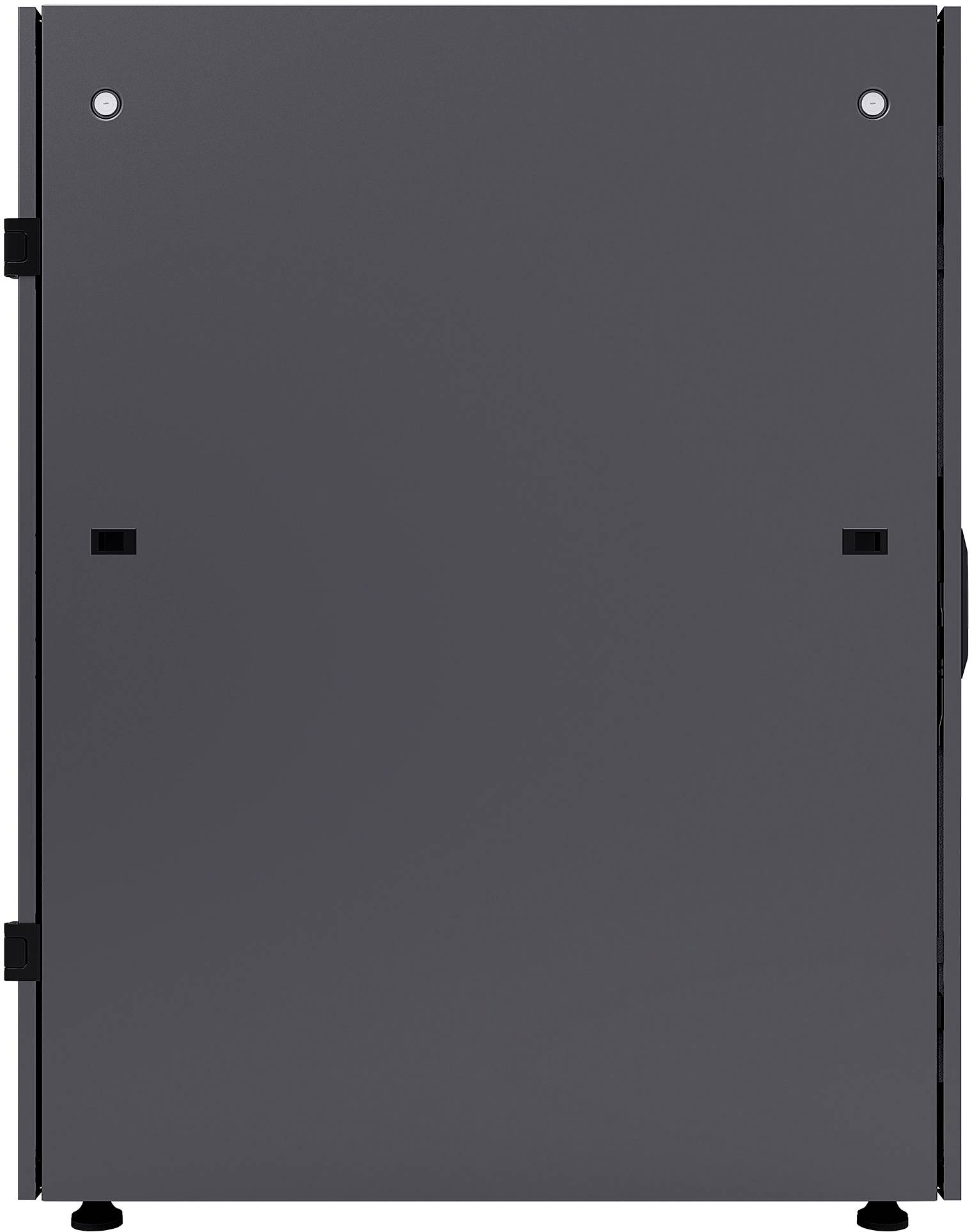 Un placard gris, rectangulaire, avec des ferrures métalliques et deux boutons de porte visibles sur le bord supérieur.