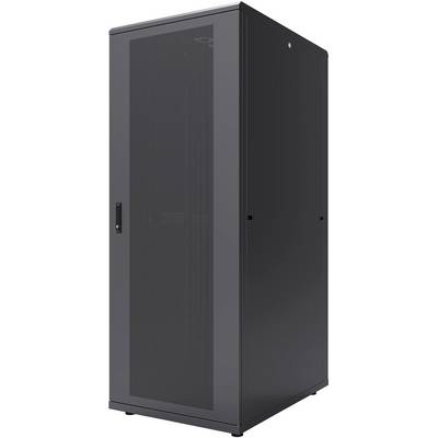Baie de serveur avec porte métallique, noir, autoportante. Adaptée pour l'hébergement d'équipements informatiques dans les centres de données.