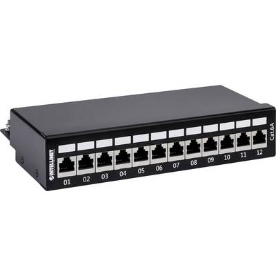 Panneau de brassage réseau avec 12 ports Ethernet, numérotés de 01 à 12. Étiquetage : Cat6A.
