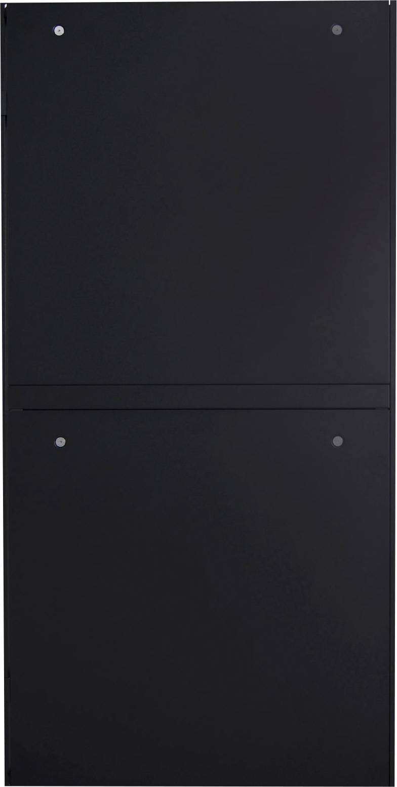 Un panneau métallique noir rectangulaire avec deux coutures horizontales, une en haut et une au milieu.