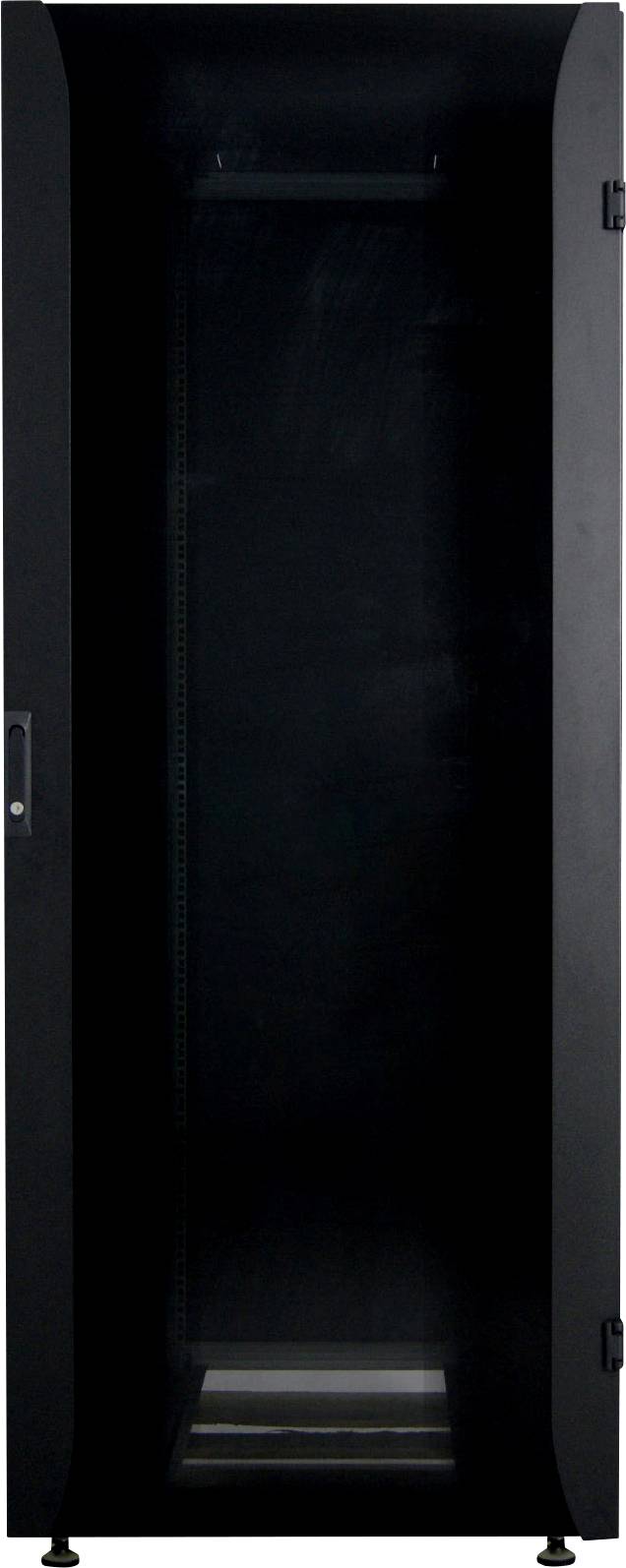 Armoire de serveur noire avec porte en verre. L'armoire ne montre aucun appareil électronique ou câble visible à l'intérieur.
