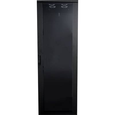 Un placard noir, moderne et étroit avec des portes en verre. En haut, deux ventilateurs font partie du système de ventilation du meuble.